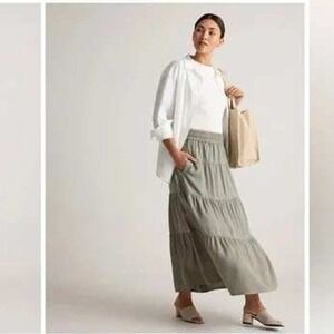 Quince NWT Olive Green Vintage Wash Tencel Tiered Maxi Skirt Pockets Size XL